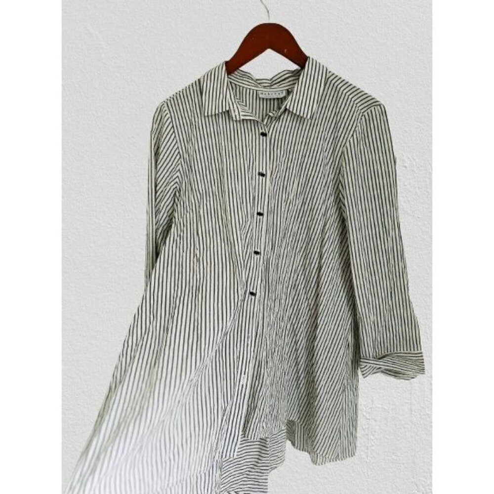 HABITAT A-Line Button-Down Shirt High Low Tunic Seersucker Black White Print Siz